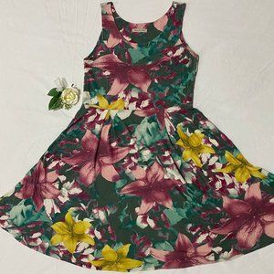 Green, Pink and Yellow Floral Printed Casual Dress L/XL